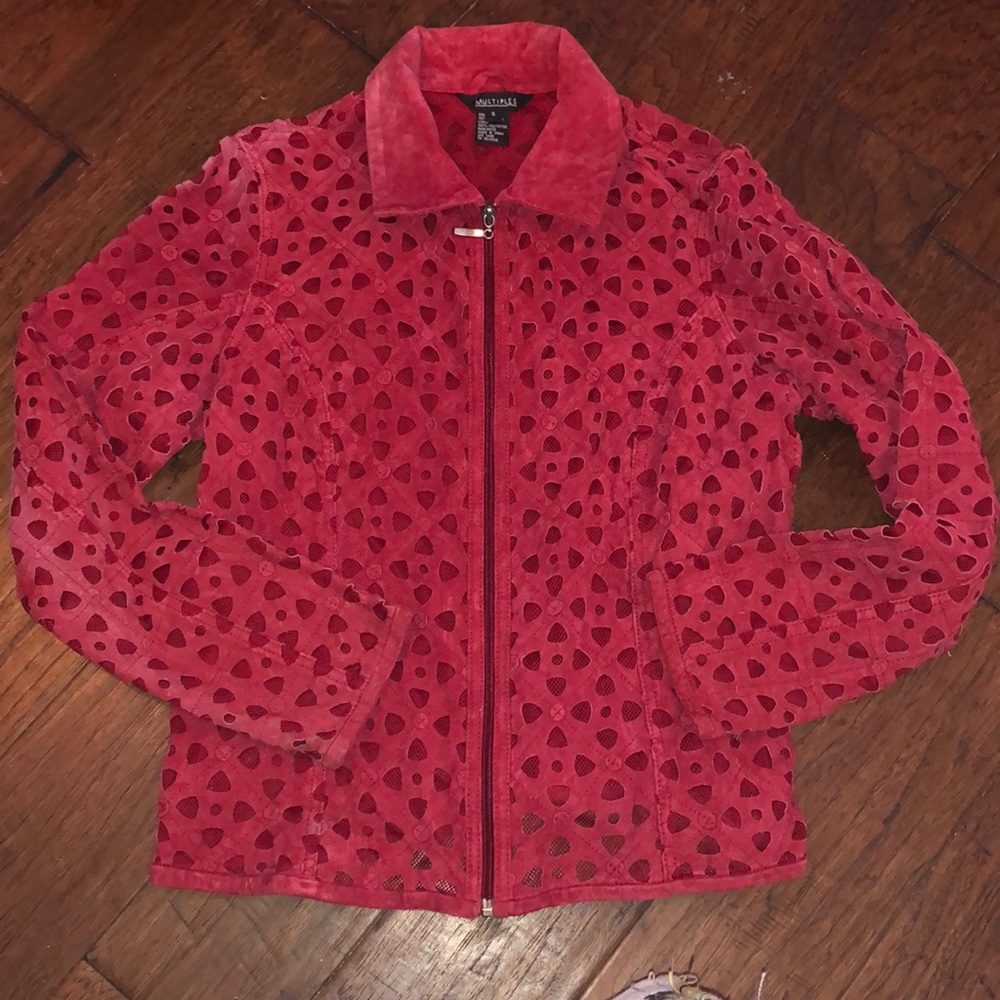Red suede leather jacket with mesh eyelets